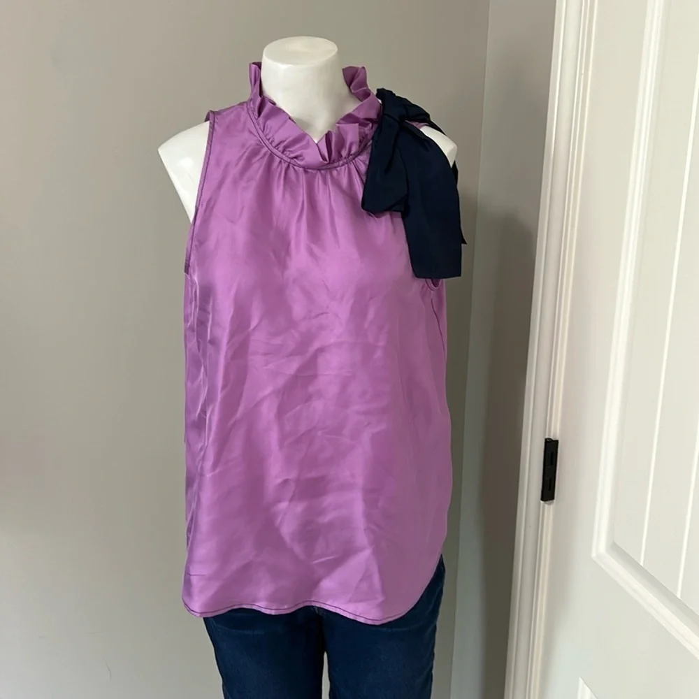 J Crew Collection silk twill top with fixed bow Purple Navy Blue Bow Sz S NEW